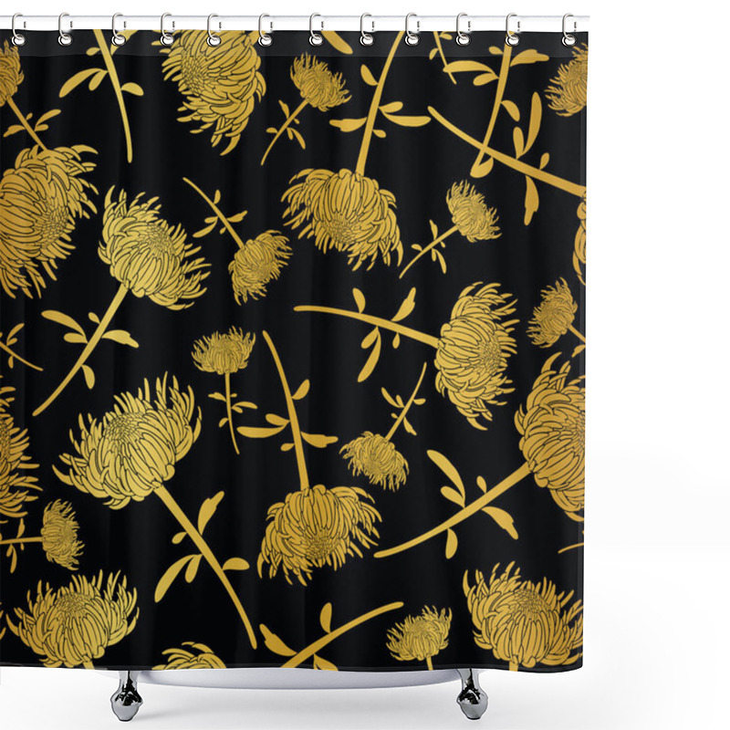 Personality  Seamless Golden Chrysanthemum Flower On Black Background Shower Curtains