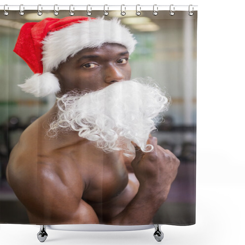 Personality  Portrait Of Shirtless Macho Man In Santa Hat Shower Curtains