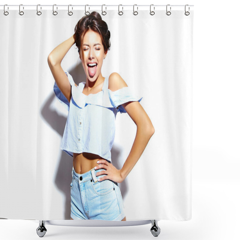 Personality  Portrait Of Cheerful Smiling Fashion  Girl Going Crazy In Casual Blue Hipster Summer Clothes With No Makeup On White Background Shower Curtains