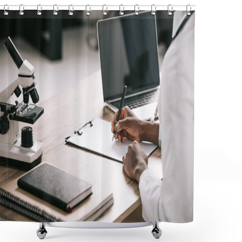 Personality  Cropped View Of African American Scientist Writing On Paper Near Laptop With Blank Screen  Shower Curtains