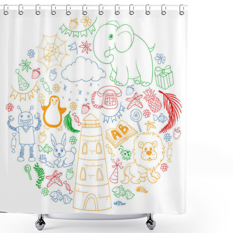 Personality  Vector Kindergarten Pattern With Animals And Toys. Illustration For Little Boys And Girls. Shower Curtains