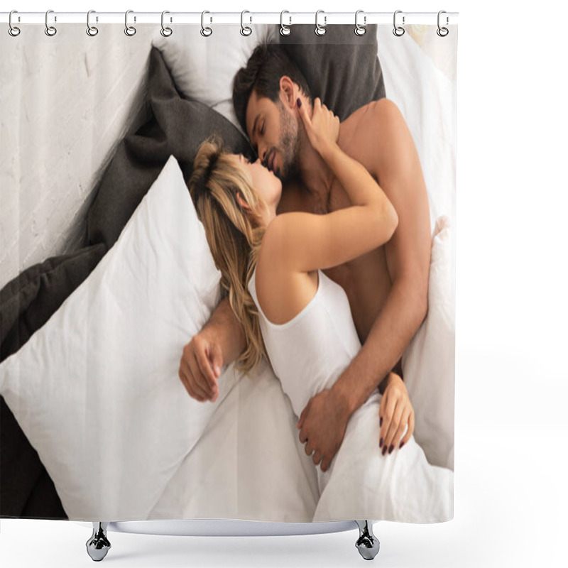 Personality  Happy Tender Couple Kissing And Hugging In Bed In The Morning  Shower Curtains