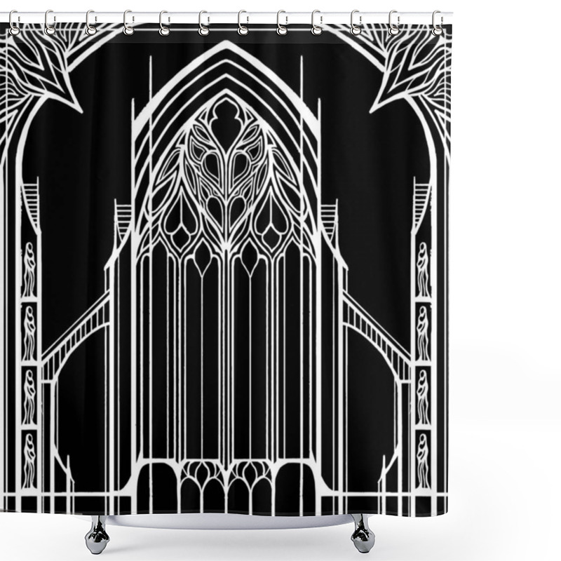 Personality  Architectural Abstraction, Dark Castle, Gates, Portal In The Gothic Style, Arch With Patterns In The Form Of Stained Glass With Buttresses And Sculptures, Black And White Graphic, Symmetric, Line Art. Shower Curtains