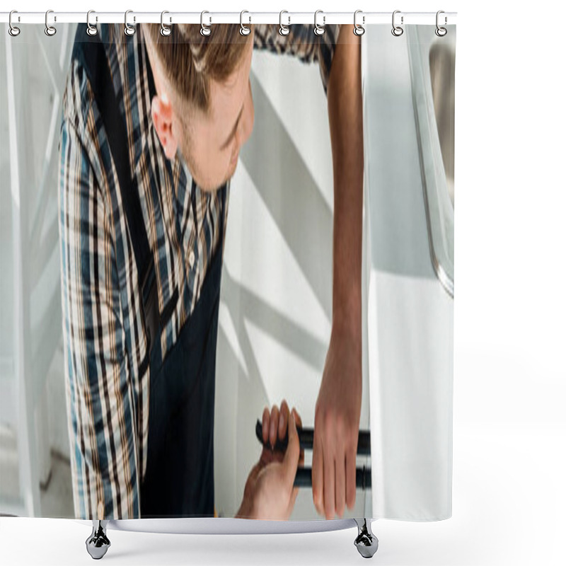 Personality  Panoramic Shot Of Installer Holding Slip Joint Pliers  Shower Curtains