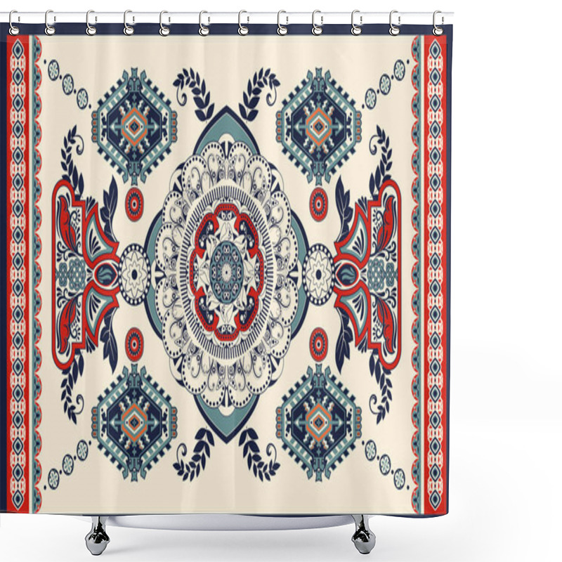 Personality  Colorful Hungarian Vector Design For Rug, Towel, Carpet, Textile, Fabric, Cover. Floral Stylized Decorative Motifs. Rectangular Ethnic Floral Design With Ornamental Center Shower Curtains