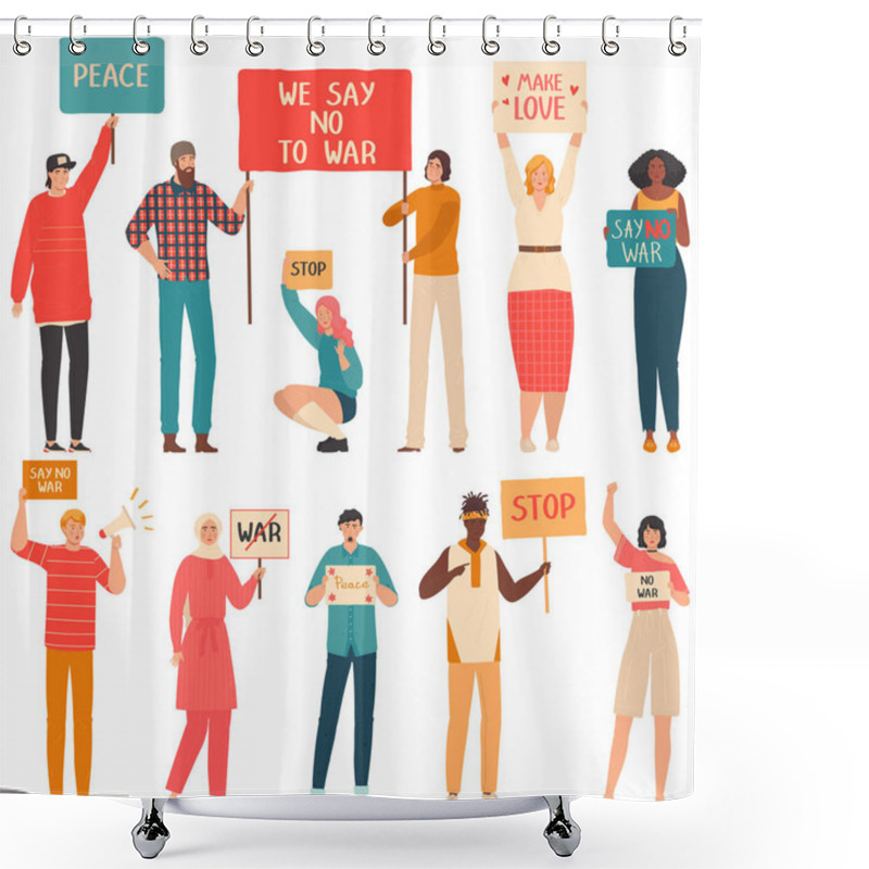 Personality  People Protest Against War, Set Of Cartoon Characters Isolated On White, Vector Illustration Shower Curtains