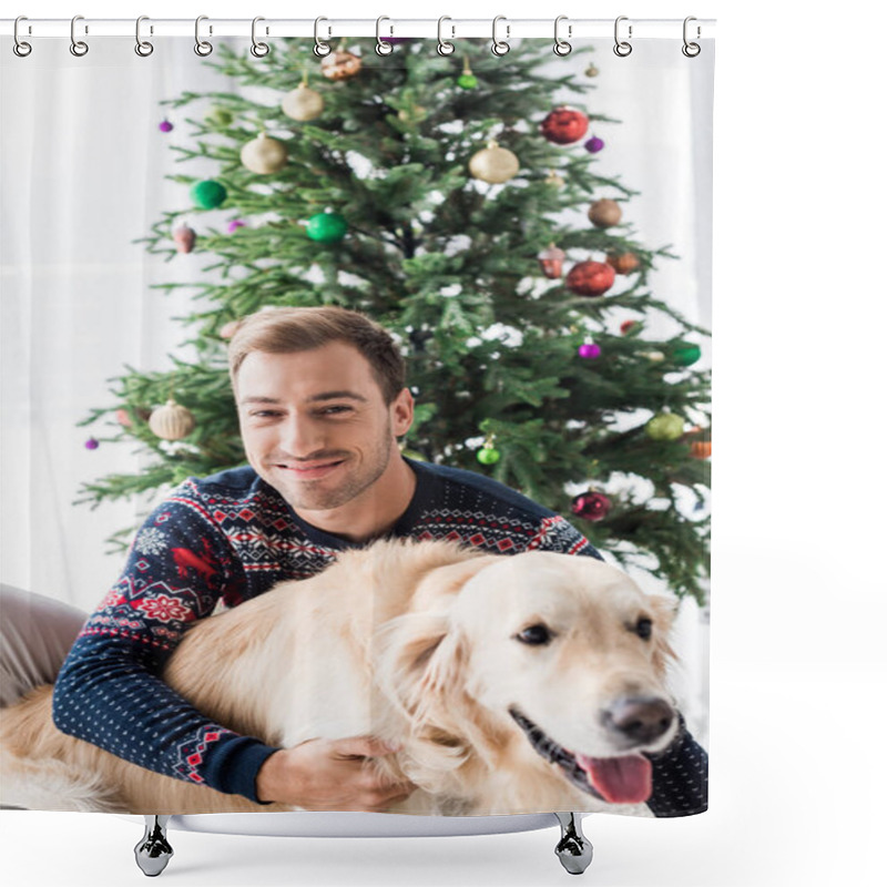 Personality  Smiling Man In Christmas Sweater Hugging Golden Retriever Dog   Shower Curtains