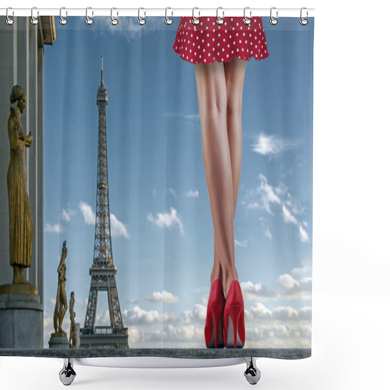 Personality  Close-up Legs Of Beautiful Sexy Woman Wearing High Heels Red Shoes And Short Dotted Dress, Walking In Paris, France With Eiffel Tower On Blurred Background. Concept Of Travel, Beauty, Glamour And Fashion Shower Curtains