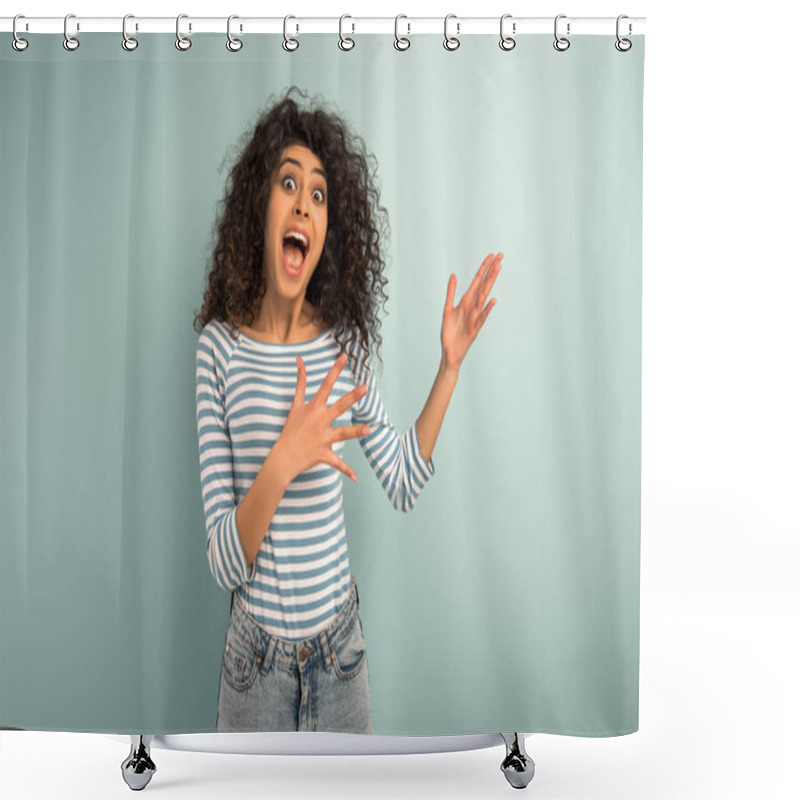 Personality  Shocked Mixed Race Girl Pointing With Hands While Looking At Camera On Grey Background Shower Curtains