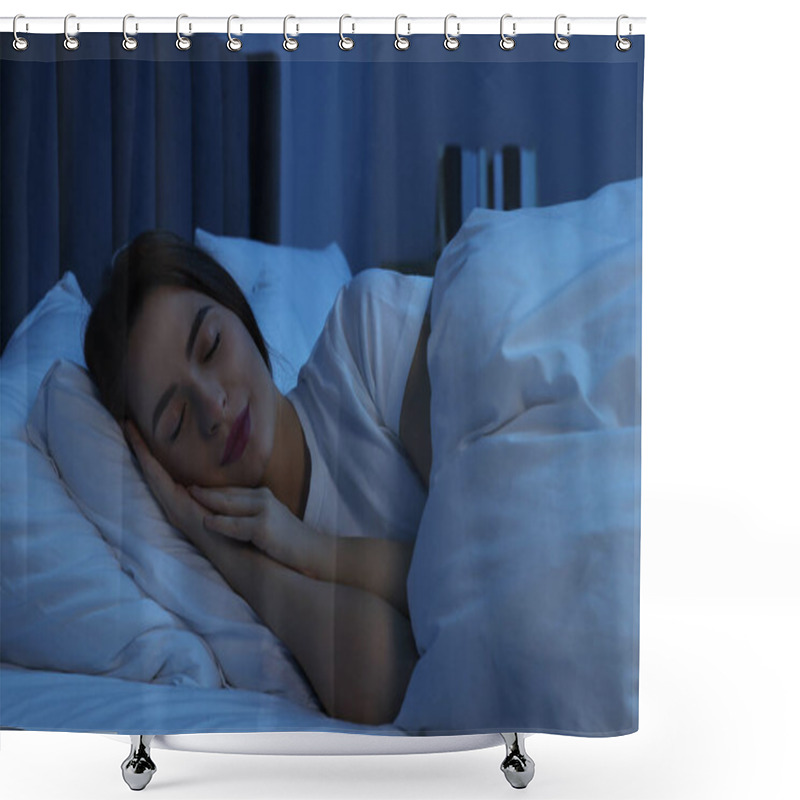 Personality  Beautiful Young Woman Sleeping In Bed At Night Shower Curtains