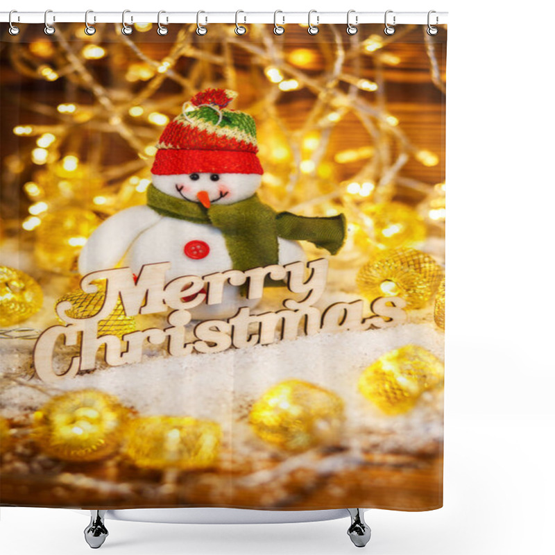 Personality  Toy Snowman At Christmas Garlands And Text Merry Christmas Shower Curtains