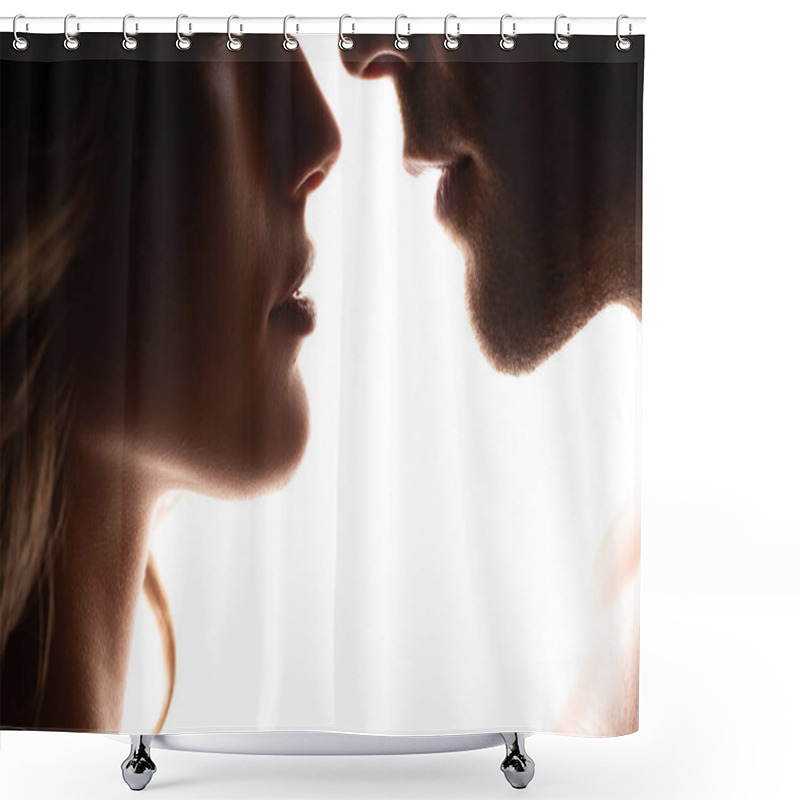 Personality  Profile Of Young Woman Near Man Isolated On White  Shower Curtains