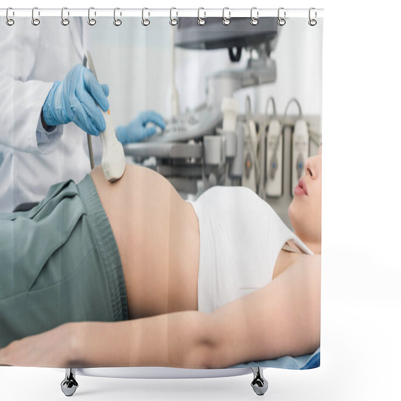 Personality  Cropped View Of Doctor Examining Belly Of Pregnant Woman With Ultrasound Scan In Clinic Shower Curtains