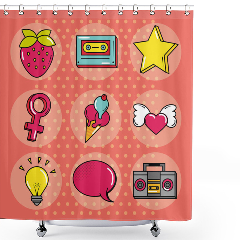 Personality  Pop Art Comic Style, Fashion Retro Flat Icons Set Shower Curtains