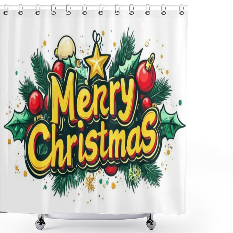 Personality  Festive 'Merry Christmas' Design With Ornaments And Pine Branches. Shower Curtains