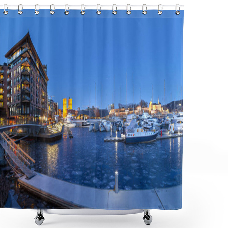 Personality  OSLO, NORWAY - 27 FEB 2016: Panoramic View Of Marina With Akershus Fortress And City Hall Shower Curtains