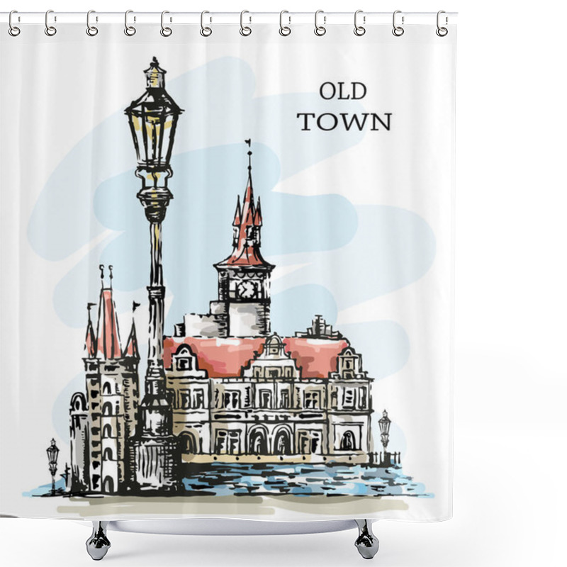 Personality  Hand Drawn Old Town. Beautiful Town View. Old Architecture. Cute Buildings, Vintage Lantern And Bay. Sketch. Beautiful Landscape. Vector Illustration.  Shower Curtains