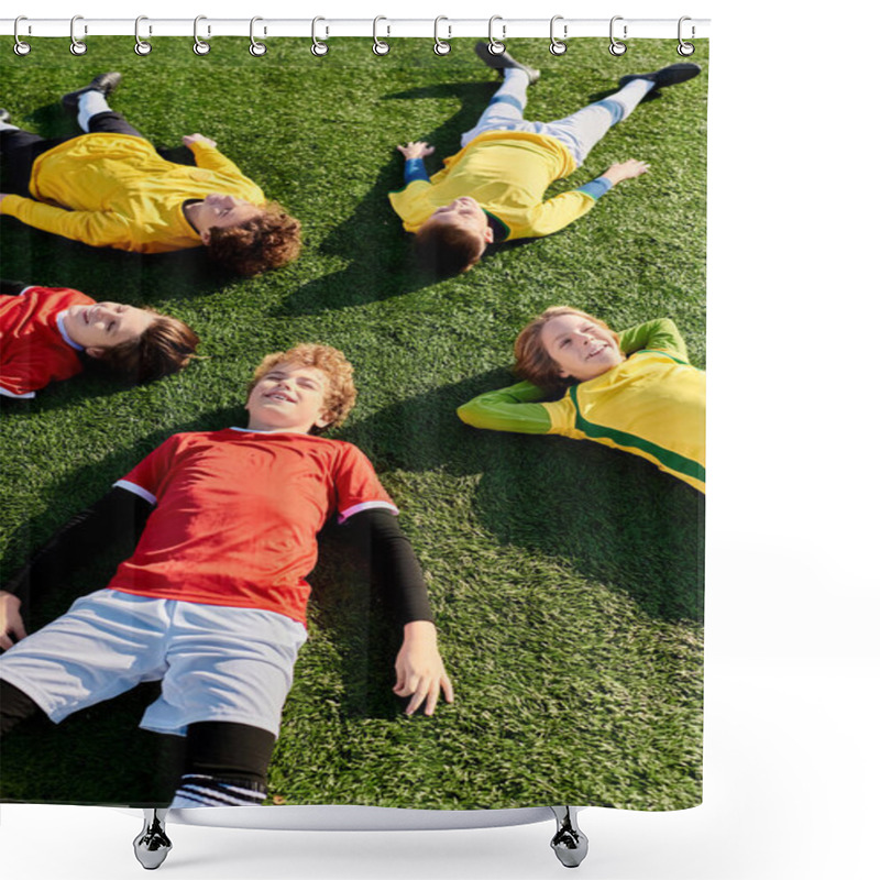 Personality  Group Of Young Men Laying Comfortably On A Vibrant Green Field, Basking In The Warmth Of The Sun. Shower Curtains