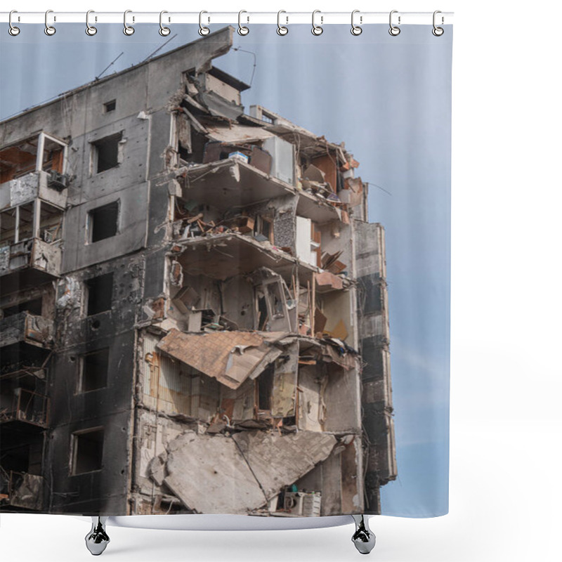 Personality  War In Ukrainian City, Russian Air Bomb Hit A Residential Apartment Building. War In Ukraine, Ruined Building After Bombing. Russian Bomb Hit The Civilian Buildings. Russia's War Against Ukraine. Shower Curtains