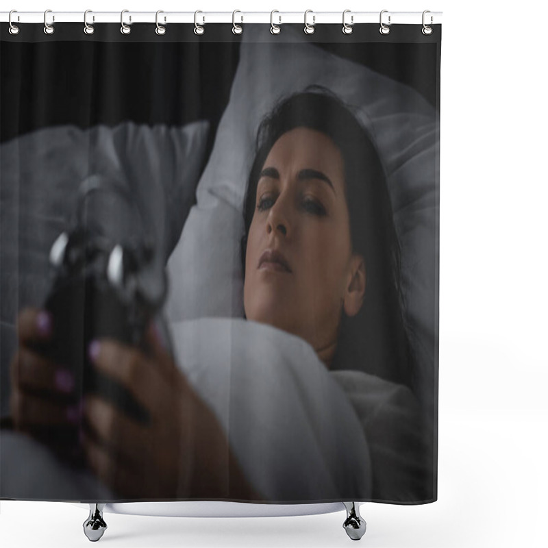 Personality  Selective Focus Of Awake Woman Looking At Alarm Clock  Shower Curtains