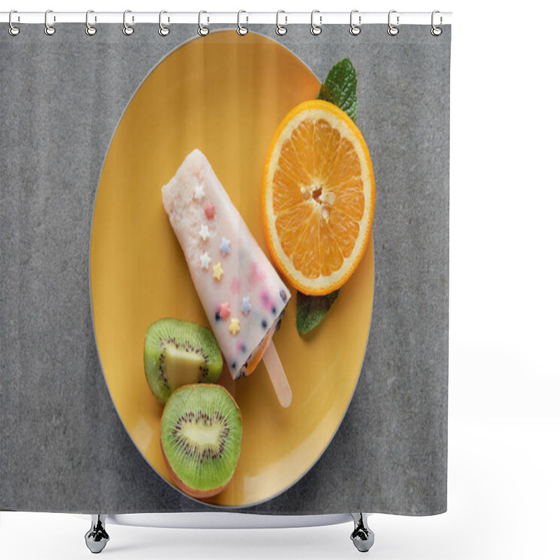 Personality  Top View Of Delicious Popsicle With Slices Of Orange And Kiwi On Yellow Plate On Grey Shower Curtains