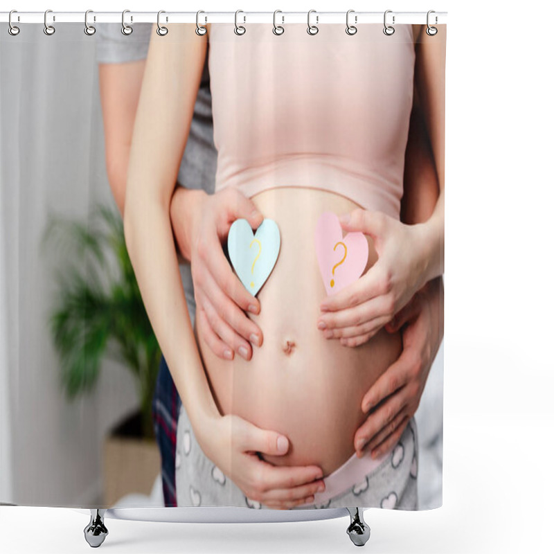 Personality  Cropped Shot Of Man Hugging Pregnant Woman And Holding Blue And Pink Hearts With Question Marks Shower Curtains