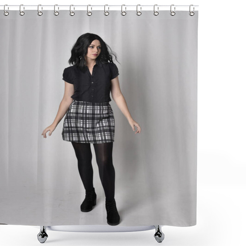 Personality  Portrait Of A Goth Girl With Dark Hair Wearing Blue And Plaid Skirt With Boots. Full Length Standing Pose On A Studio Background. Shower Curtains