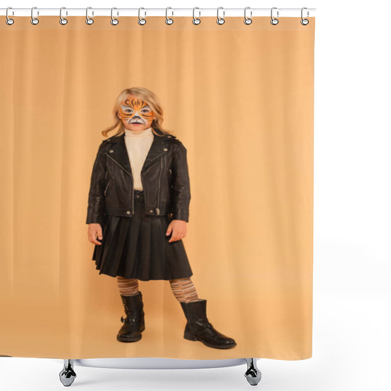 Personality  Girl In Tiger Face Painting, Black Leather Jacket, Boots And Pleated Skirt Posing On Beige Shower Curtains