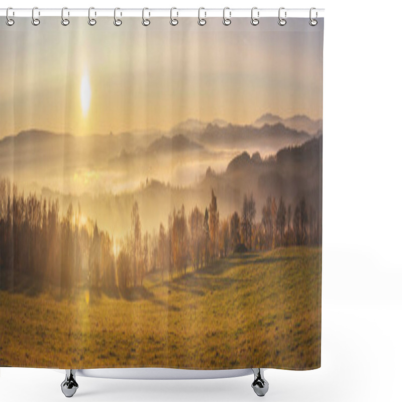 Personality  Sunset In The Mountains - Hilly Landscape With Meadows And Forests In A Haze Shower Curtains