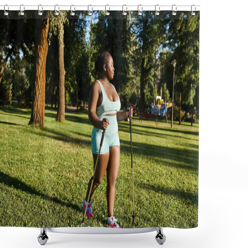 Personality  An African American Woman In Sportswear Stands Tall In The Grass, Confidently Holding A Walking Stick. Shower Curtains