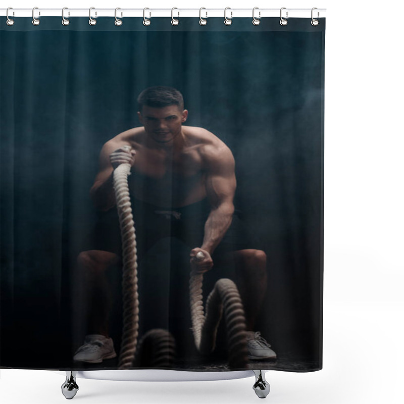 Personality  Sexy Muscular Bodybuilder With Bare Torso Excising With Battle Rope On Black Background With Smoke  Shower Curtains