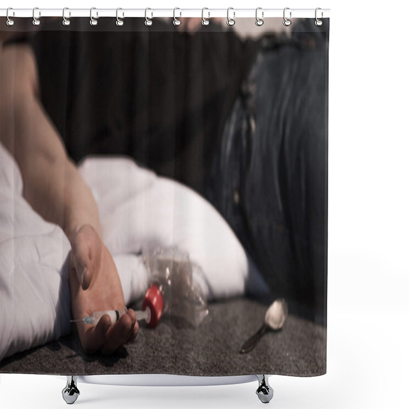 Personality  Selective Focus Of Lying Man With Syringe Of Heroin In Hand Shower Curtains