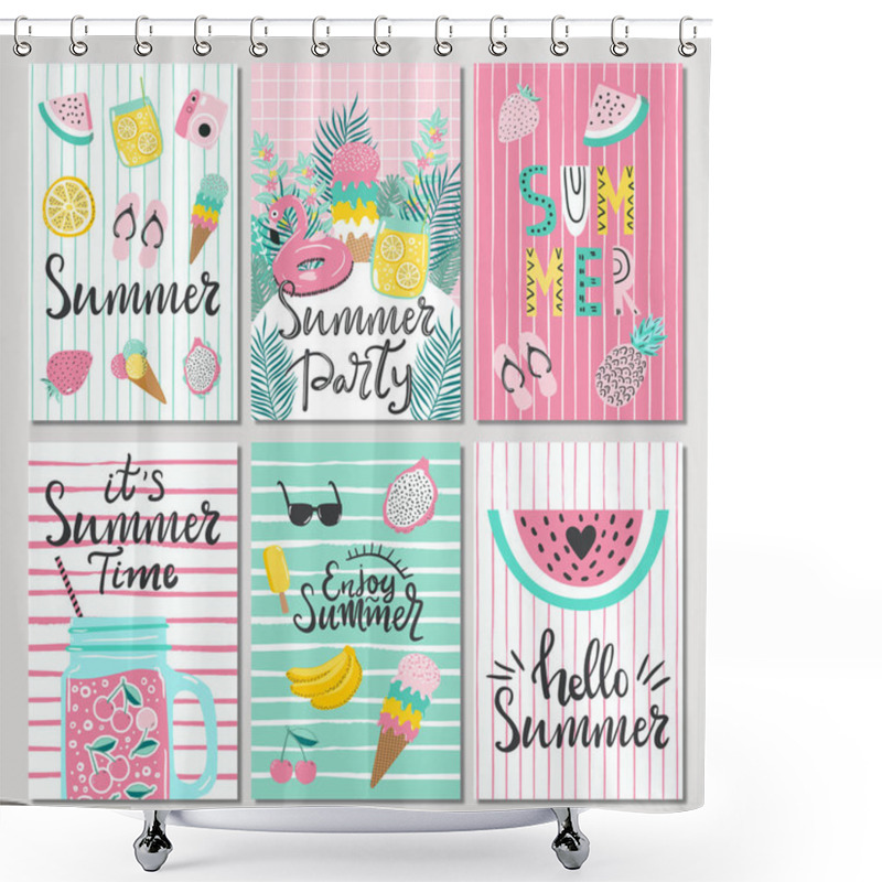 Personality  Set Of Cute Summer Cards And Posters With Hand Drawn Lettering Typography Words , Hello Summer, Beach Party, Summer Vibes And Fruits, Flamingos, Palm Leaves And Textured Background Shower Curtains