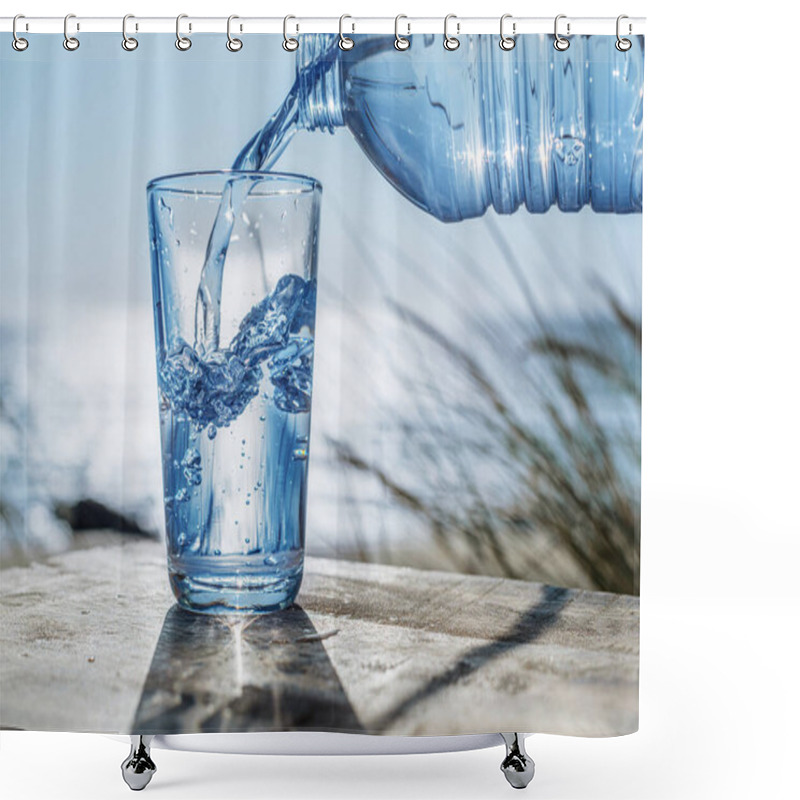 Personality  Pouring Water Into A Glass From Plastic Bottle. Nature Background. Shower Curtains