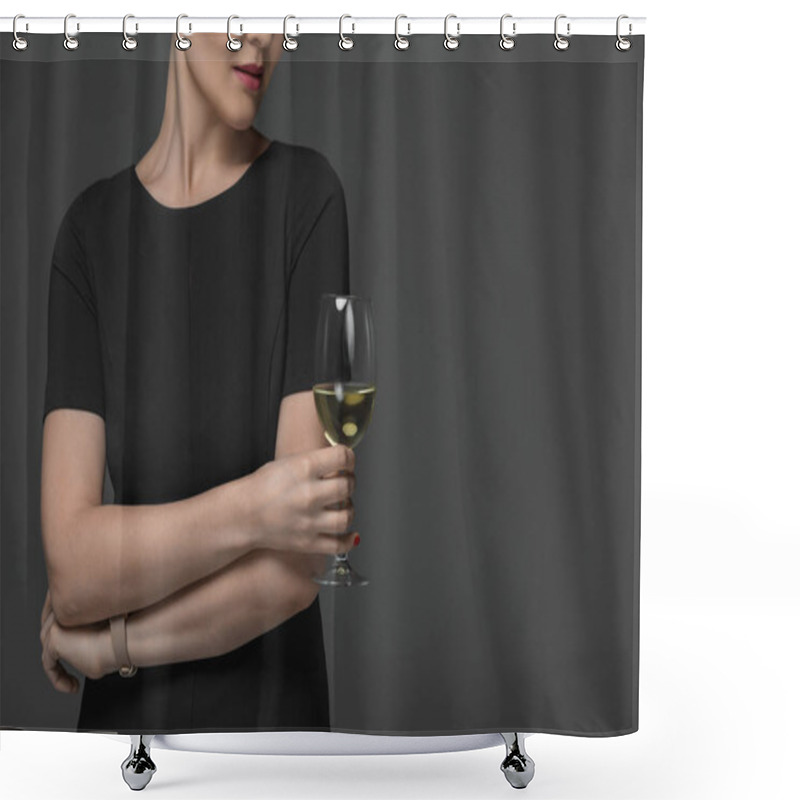 Personality  Cropped Shot Of Woman In Black Dress Holding Glass Of White Wine Isolated On Grey  Shower Curtains