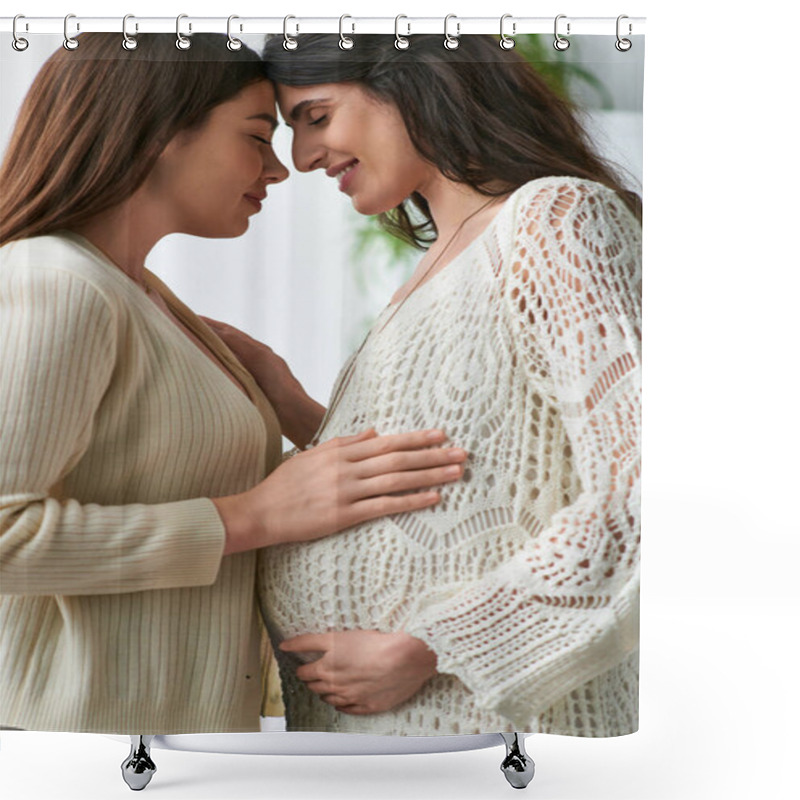 Personality  Expecting Lesbian Couple Hugging Lovingly And Touching Foreheads, In Vitro Fertilisation Concept Shower Curtains