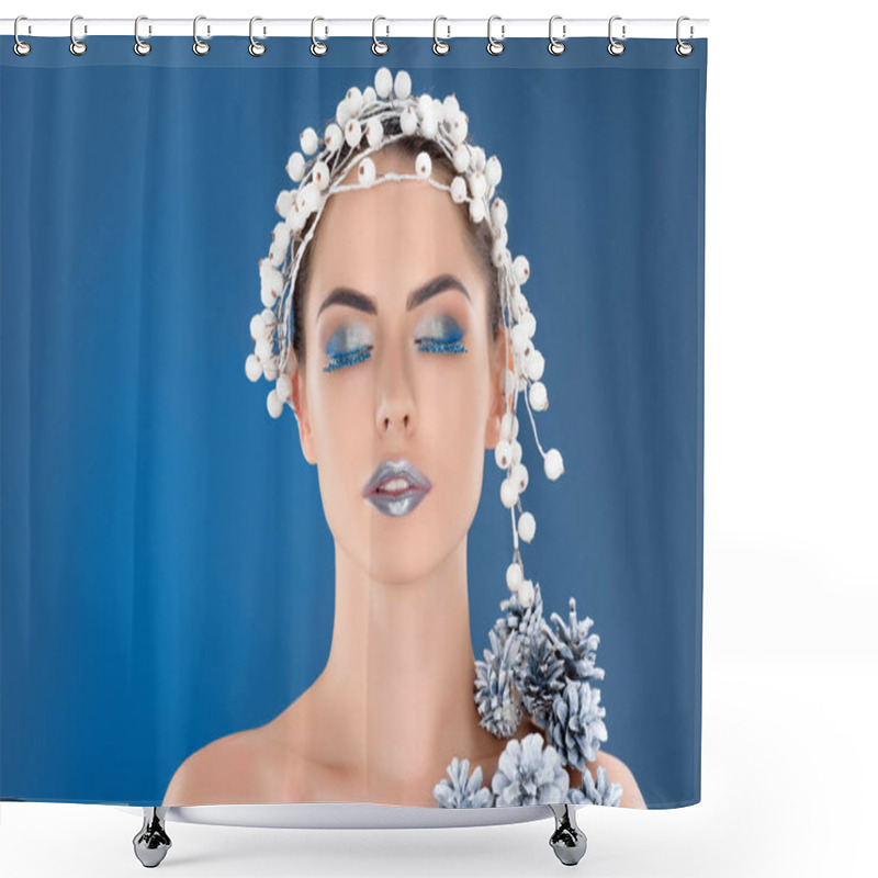 Personality  Portrait Of Beautiful Woman With Hair Accessory, Christmas Pine Cones, Winter Makeup And Glitter, Isolated On Blue Shower Curtains