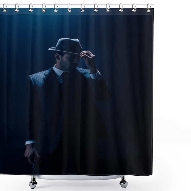 Personality  Gangster Touching Felt Hat And Holding Gun On Dark Background Shower Curtains