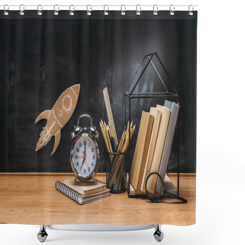 Personality  Close Up View Of Cardboard Rocket On Blackboard, Pencils, Clock, Notebook And Books On Wooden Tabletop Shower Curtains