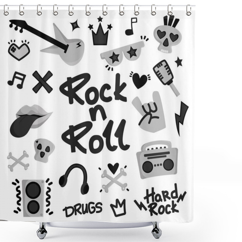 Personality  Rock N Roll, Punk Music Doodle Set. Graffiti, Tattoo Hand Drew Sticker, Text, Skull, Heart, Skate, Gesture Hand. Grunge Rock Vector Illustration. Shower Curtains