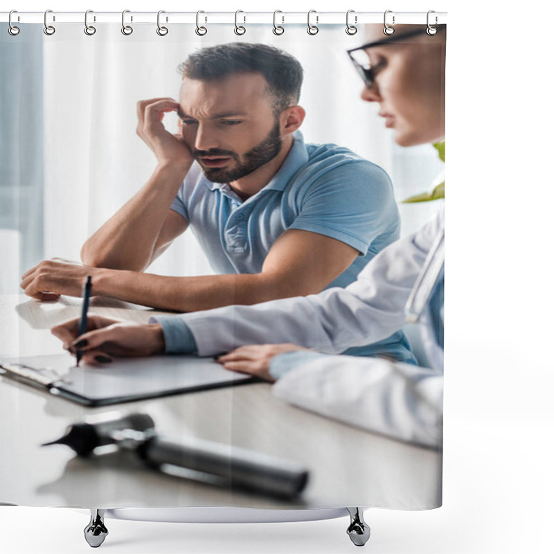 Personality  Selective Focus Of Bearded Man Looking At Doctor In Glasses Writing Diagnosis  Shower Curtains