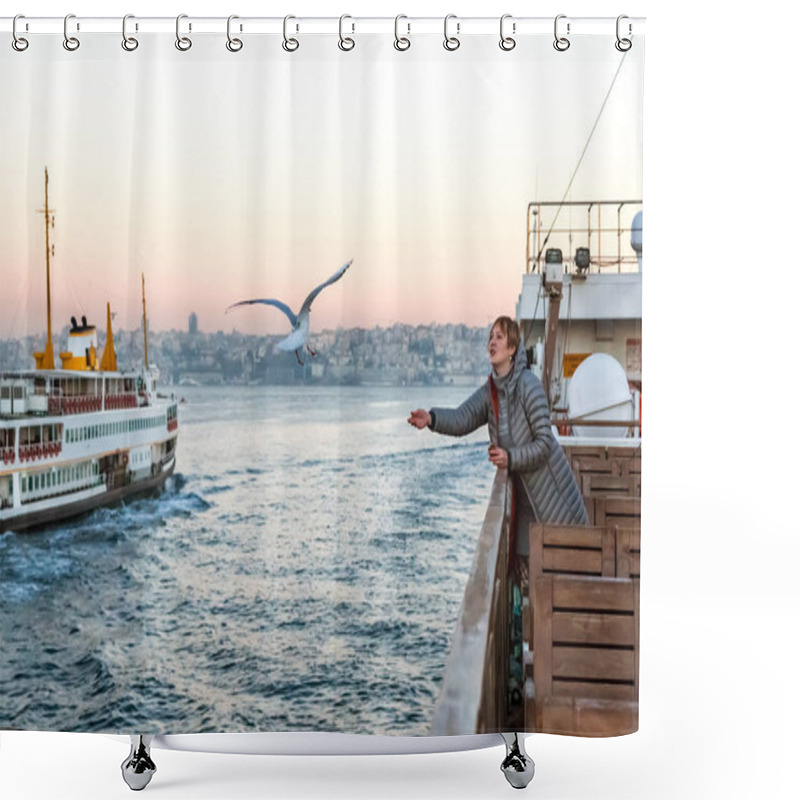 Personality  Woman Feeding Sea Gulls Shower Curtains