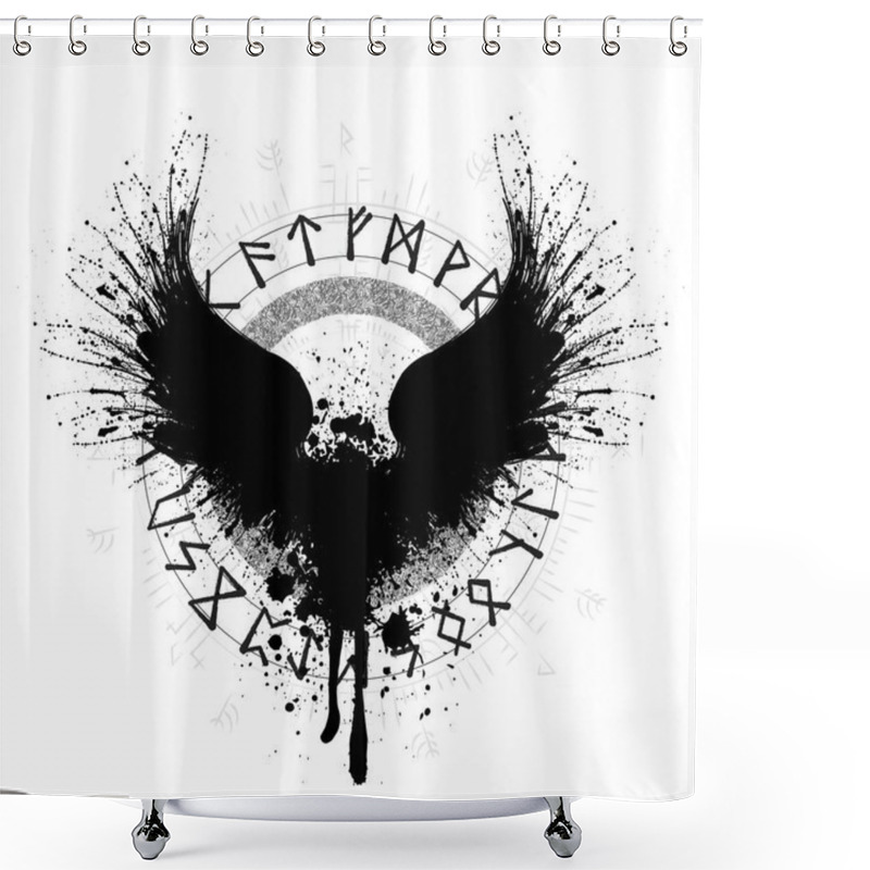 Personality  Black Grunge Bird Wings Silhouette With Viking Symbol Isolated On White Background Shower Curtains