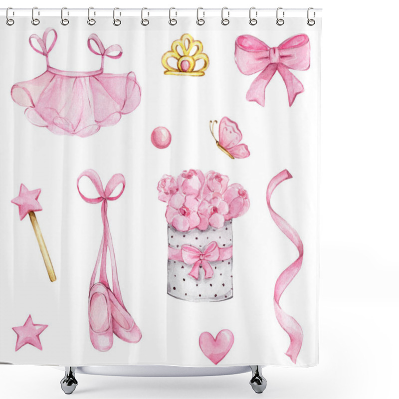 Personality  Ballet Set With Pink Tutu Skirt, Pointe Shoes, Flowers, Bow, Magic Wand, Crown, Butterfly, Heart; Watercolor Hand Draw Illustration;can Be Used For Cards Or Kid Posters; With White Isolated Background Shower Curtains