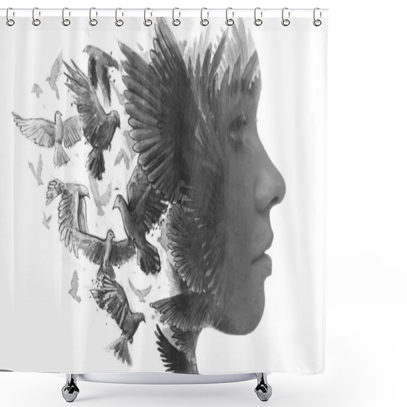 Personality  Paintography. Creative Profile Portrait Of A Young Woman Combined With A Watercolor Painting Of Flying Birds. Shower Curtains