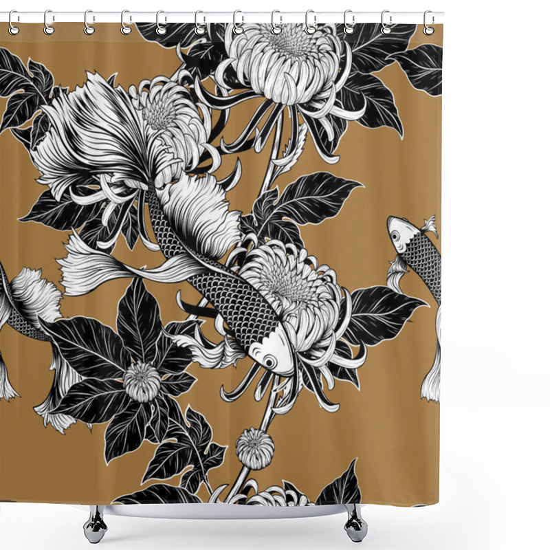 Personality  Koi Fish And Chrysanthemum Seamless Pattern By Hand Drawing.Tattoo Art Highly Detailed In Line Art Style.Fish And Flower Seamless Pattern On Batik Cloth. Shower Curtains