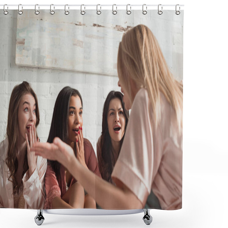 Personality  Selective Focus Of Shocked Multicultural Women Having Conversation At Bachelorette Party Shower Curtains