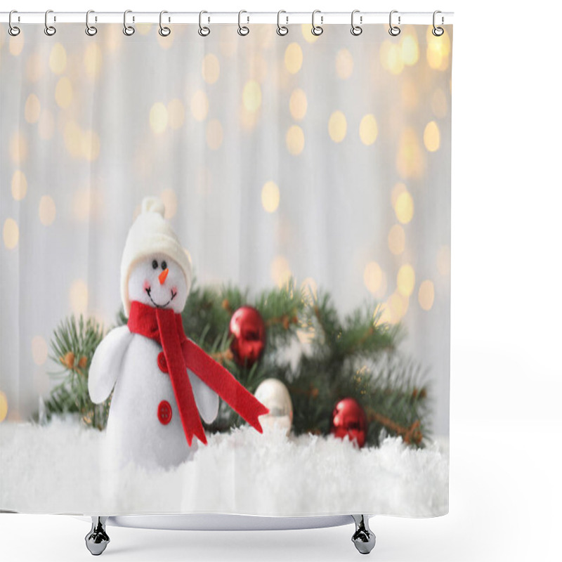 Personality  Snowman Toy On Snow Against Blurred Festive Lights, Space For Text. Christmas Decoration Shower Curtains