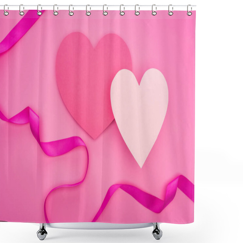 Personality  Top View Of Empty Paper Hearts With Ribbon Isolated On Pink Shower Curtains