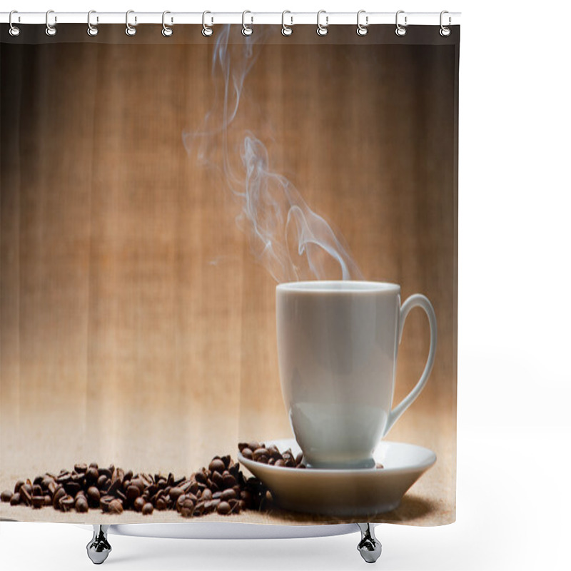 Personality  Cup Of Hot Coffee About The Ferry And Grains Of Coffee On Grunge Shower Curtains